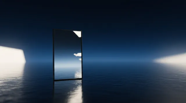A sleek, reflective mirror stands alone in a serene, calm setting, surrounded by smooth water and bathed in deep blue tones with contrasting bright light. The minimalist composition evokes a sense of tranquility and introspection.