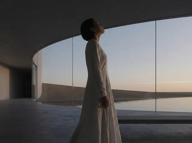 A serene image of a woman standing in a modern architectural space, gazing upward towards a softly lit horizon. The color palette consists of muted tones, blending soft whites and gentle natural hues.