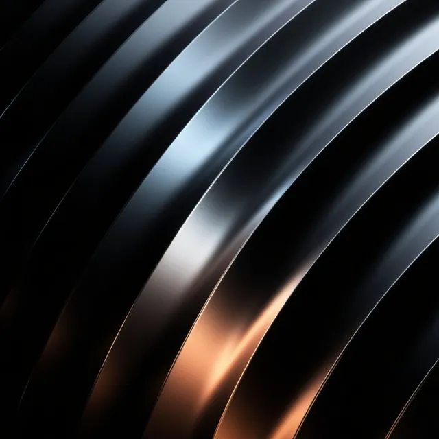 A close-up, abstract composition of smooth, curved metallic surfaces creates a sleek, modern feel. The dominant colors are deep blacks with subtle hints of warm copper tones, evoking a sense of sophistication and elegance.