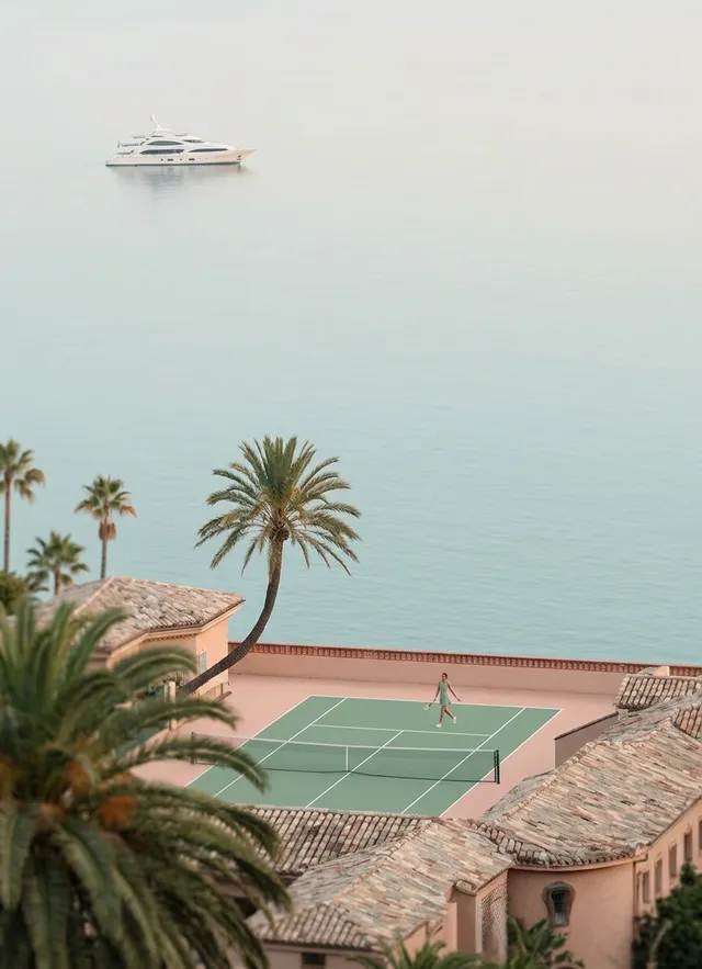 A tranquil aerial view captures a lone figure playing tennis on a green court surrounded by palm trees, with a luxurious yacht floating in the serene, pastel-colored waters. The composition conveys a sense of leisure and elegance, blending soft earthy tones with hints of turquoise.