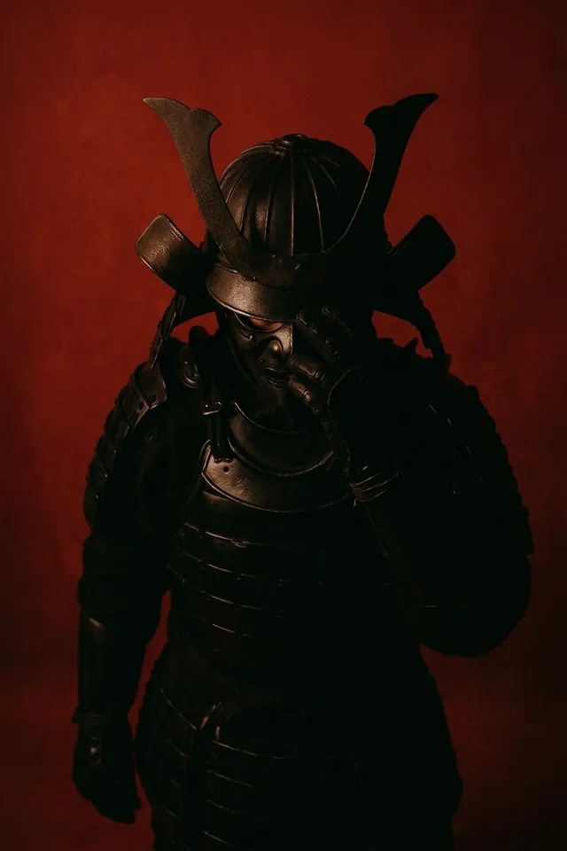 A striking editorial photograph features a samurai in dark armor against a deep red background, evoking a sense of intensity and mystery. The strong contrast highlights the intricate details of the armor while creating a dramatic, somber mood.