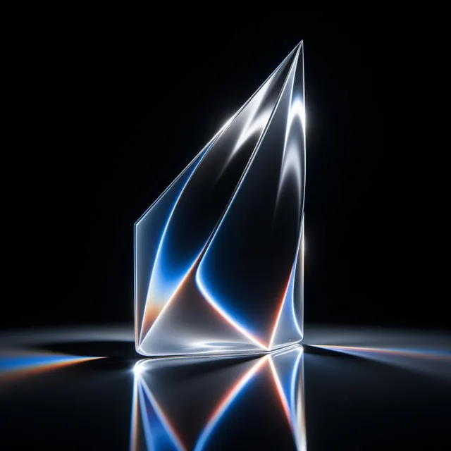 A sleek, reflective geometric shape is artistically illuminated against a dark background, creating a sense of intrigue. The medium is digital photography, with a focus on light and shadow that enhances the mood of modern minimalism, featuring dominant shades of blue, silver, and subtle hints of red.