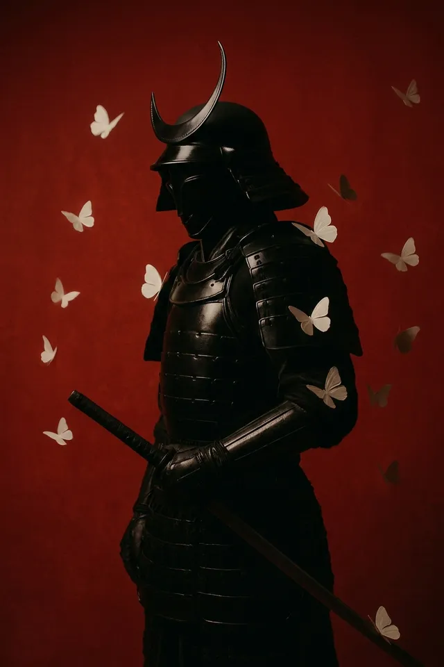 A striking editorial photograph of a samurai in glossy black armor against a rich red background, surrounded by delicate white butterflies. The mood is both serene and powerful, highlighting the contrast between the warrior's strength and the fragility of the butterflies.