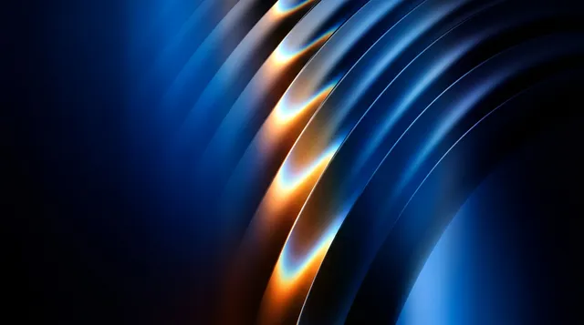 This abstract digital illustration features smooth, curved lines in a gradient of deep blues and vibrant oranges, creating a dynamic interplay of light and shadow. The mood is sleek and modern, evoking a sense of motion and depth.