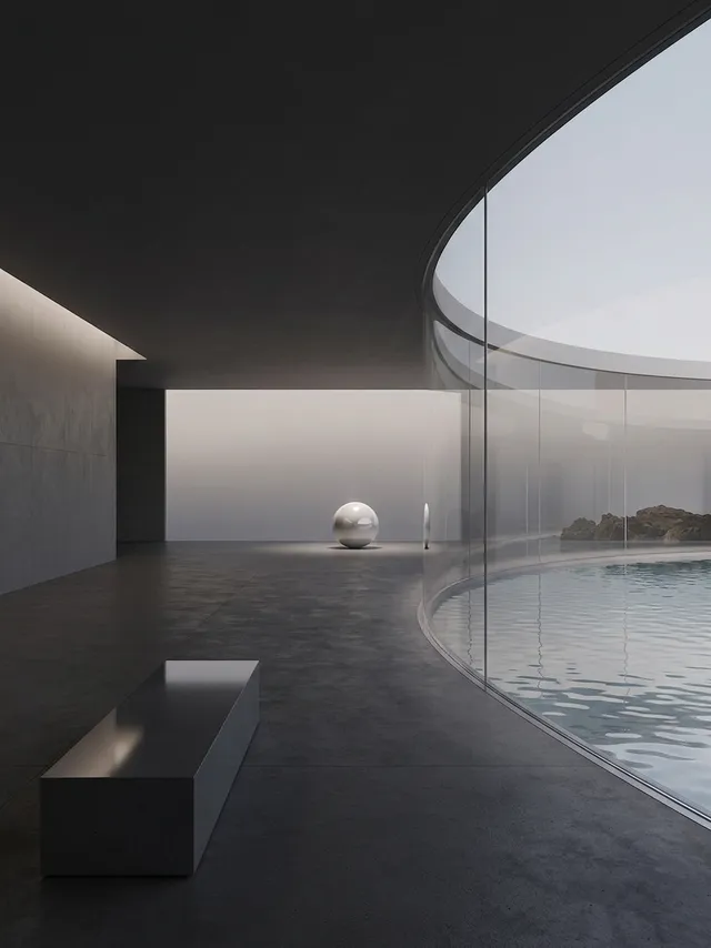 A minimalist interior features a sleek, modern design with a curved glass wall showcasing a tranquil pool and a reflective sphere as the focal point. The mood is serene and contemplative, dominated by muted grays and soft natural light.
