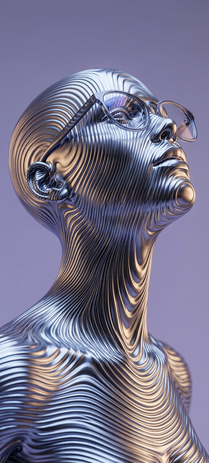 A sleek, silver humanoid figure with a glossy, wavy texture gazes upwards, showcasing futuristic glasses. The image combines hyper-realistic 3D rendering with an ethereal mood, dominated by cool tones of silver and soft purple gradients.