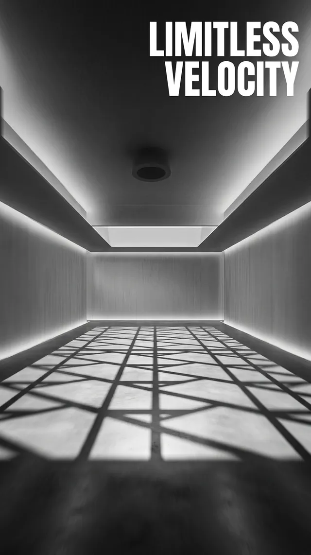 A minimalistic black and white editorial photograph featuring a sleek, empty interior with striking geometric shadows cast by the light. The mood is futuristic and contemplative, accentuated by the bright, high-contrast lighting.