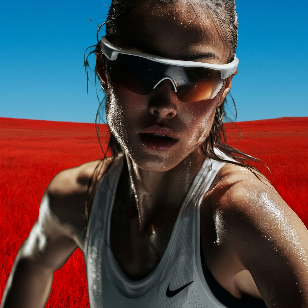A striking editorial photograph features a confident athlete wearing sunglasses, with a glistening, wet complexion against a vibrant red field. The intense blue sky and bold colors create a dynamic and energetic mood.