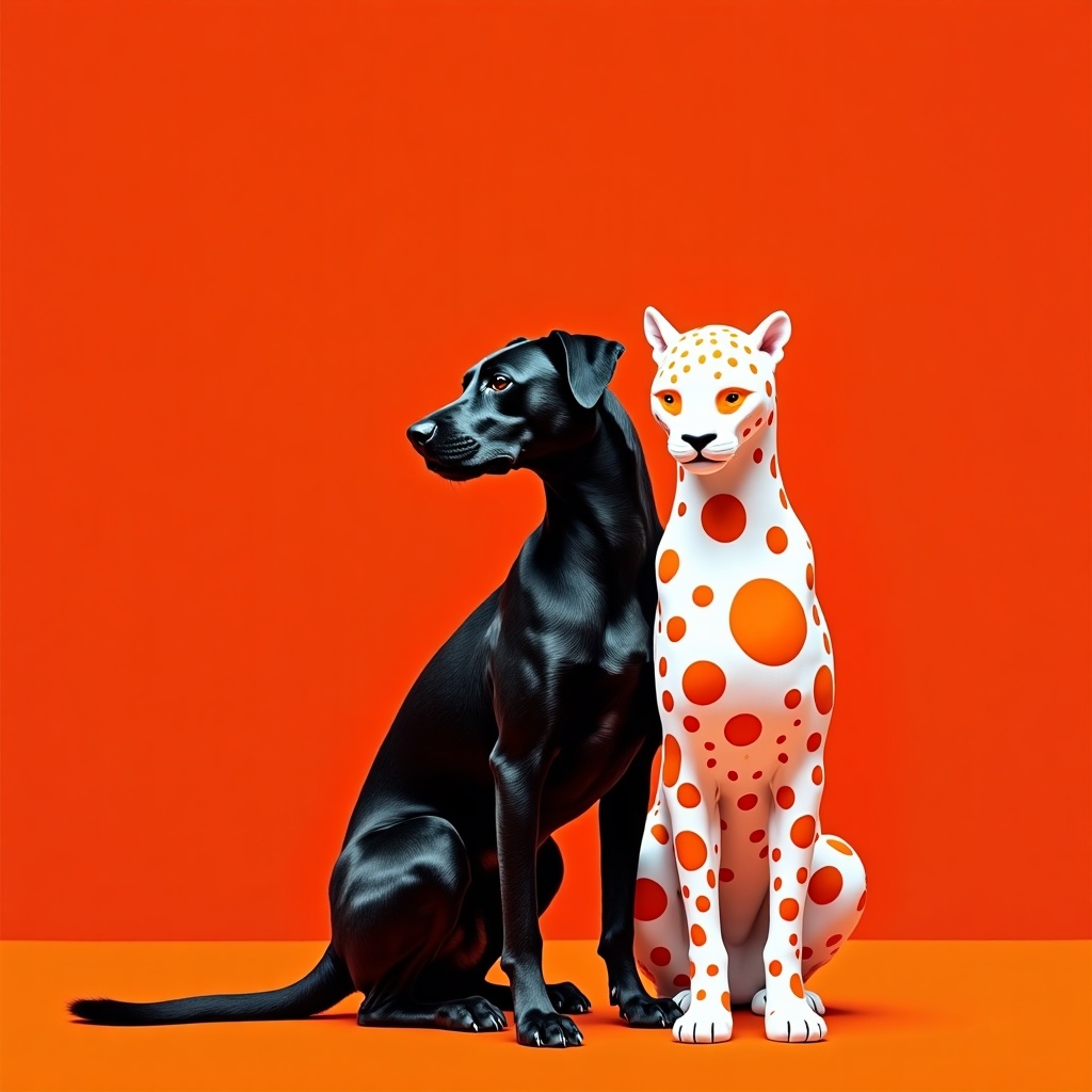 A sleek black dog stands beside a whimsical white leopard adorned with orange polka dots, set against a vibrant orange background. The playful, graphic illustration evokes a lively and imaginative mood.