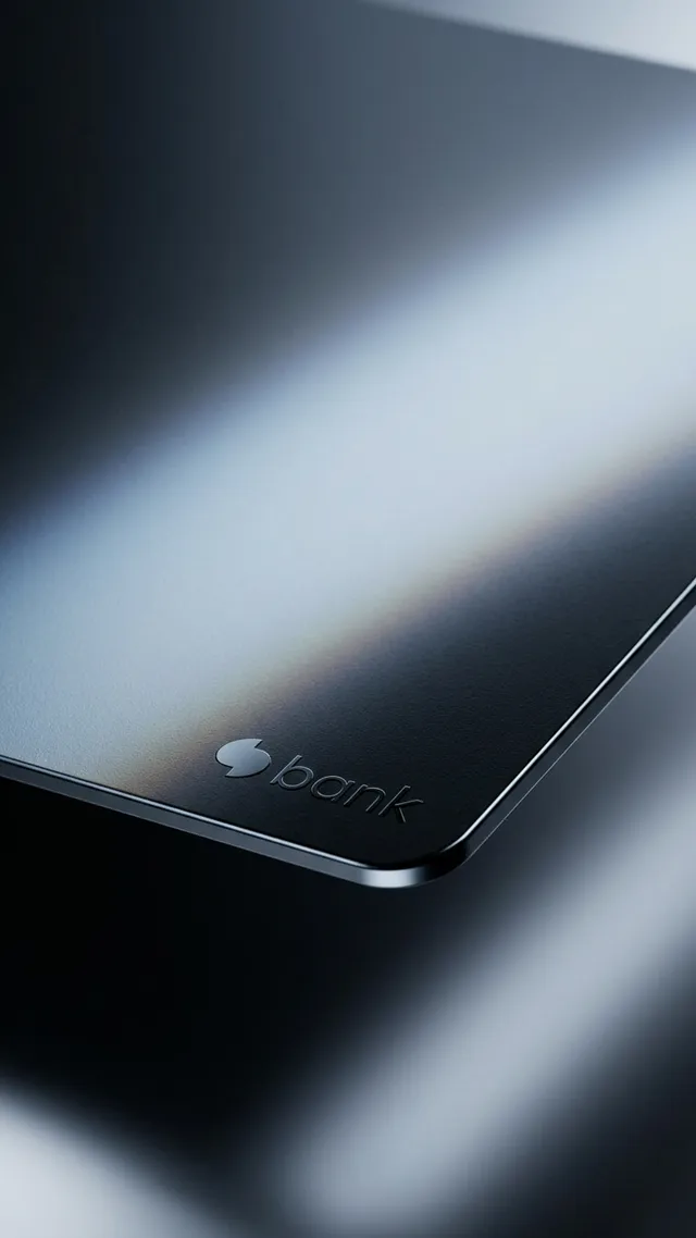 A sleek, minimalist editorial photograph features a close-up of a dark, reflective surface with a subtle gradient and the word "bank" subtly embossed, evoking a modern and sophisticated mood. The dominant colors are deep blacks and soft metallic hues, creating an elegant atmosphere.