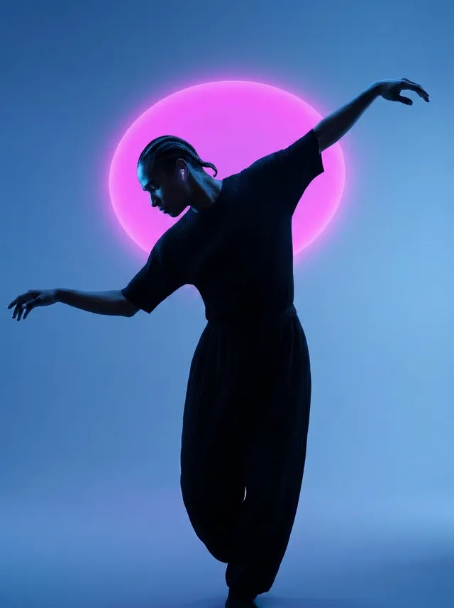 A dancer is posed gracefully against a vibrant pink circular backdrop, creating a striking contrast with the deep blue background. The editorial photography captures a modern, dynamic mood with a focus on movement and expression.