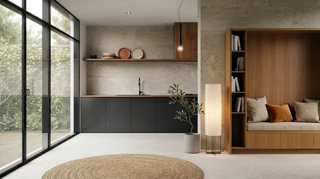 A modern interior design featuring a sleek kitchen with dark cabinetry and wooden accents, complemented by a cozy reading nook and a large window that invites natural light. The mood is calm and minimalist, with a dominant palette of earthy tones and neutral colors.