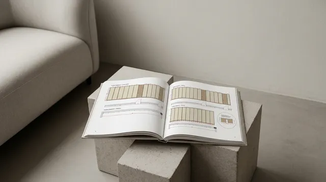 An open design book featuring architectural layouts rests on textured concrete blocks, conveying a minimalist aesthetic. The soft, neutral tones of the book and surrounding materials create a calm and sophisticated mood.