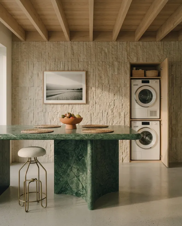 This editorial photograph features a modern laundry area with a striking green marble table and a minimalist chair, set against a textured stone wall. The warm, neutral tones and soft natural lighting create a calm and inviting atmosphere.