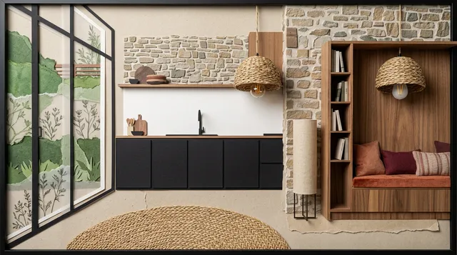 A beautifully designed interior illustration featuring a modern kitchen with dark cabinetry and natural stone accents, complemented by a cozy reading nook with a warm color palette of browns and earthy greens. The mood is inviting and serene, enhanced by soft lighting and organic textures.