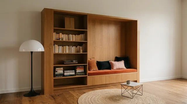 A contemporary minimalist interior showcases a warm wooden bookshelf and cozy seating area, creating a serene and inviting atmosphere. The dominant colors are earthy browns, soft whites, and subtle pops of color from cushions.