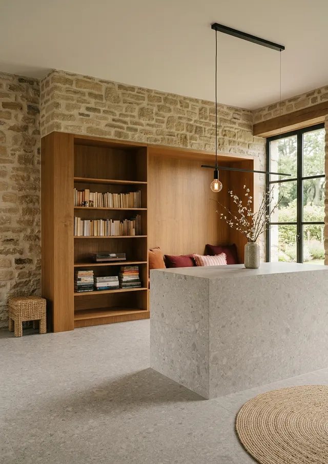 A serene and modern interior featuring a stone wall and a sleek kitchen island, accentuated by warm wooden shelving filled with books. The space is bathed in natural light, creating an inviting mood with soft earthy tones and minimalistic decor.