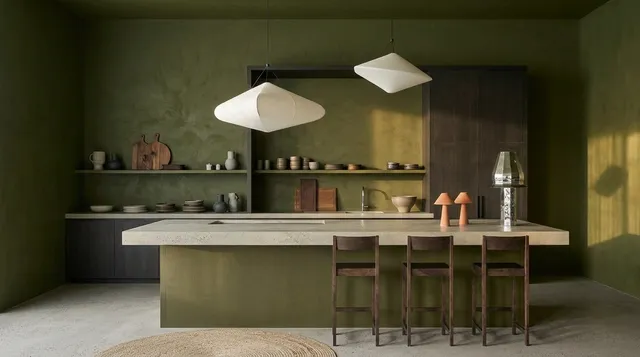 A modern kitchen featuring minimalist design with earthy green tones and subtle textures, accentuated by warm lighting. The scene conveys a calm and inviting mood, highlighted by natural materials and elegant decorative elements.