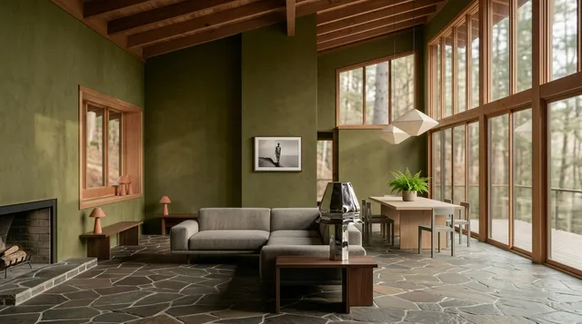A modern interior showcases earthy tones and natural materials, featuring a spacious living area with large windows that invite soft natural light. The design is minimalist with a focus on organic shapes, creating a warm and inviting atmosphere.