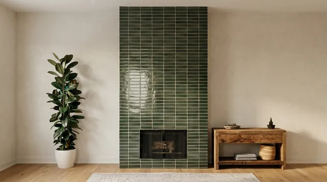 A serene interior scene features a modern fireplace with glossy green tile and a wooden side table, complemented by a tall potted plant. The soft, natural colors create a calm and inviting atmosphere.