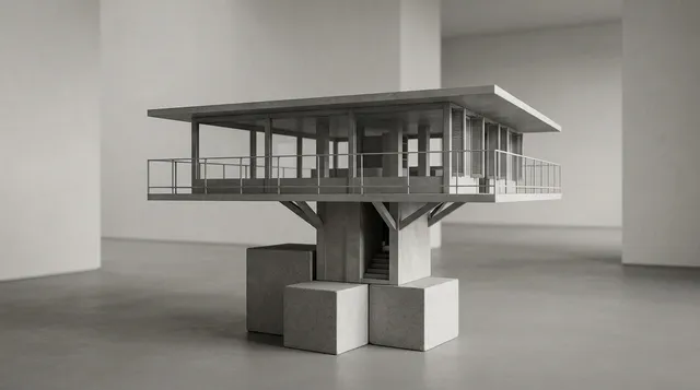 A striking 3D rendering of a modern, minimalist house elevated on concrete blocks, featuring a spacious balcony and large glass windows. The mood is serene and architectural, with a dominant palette of gray tones.