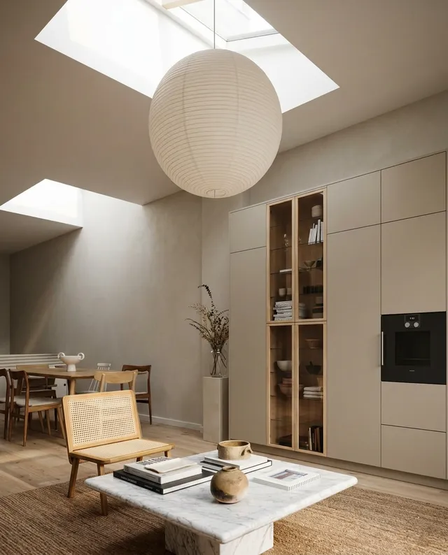A serene interior in soft, neutral tones features a marble coffee table and a minimalist design with natural light streaming through skylights. The mood is calm and inviting, enhanced by the warm wood accents and soft textures.