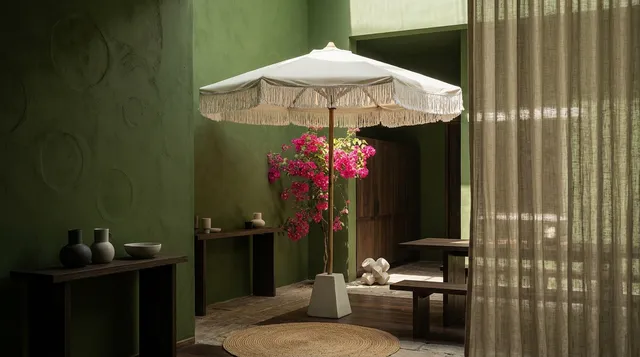 A serene interior scene features a white fringed umbrella shading a vibrant pink bougainvillea against a backdrop of earthy green walls. The mood is tranquil and calming, enhanced by natural light and soft textures, while the dominant colors are shades of green, white, and pink.