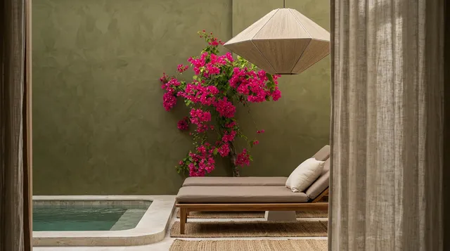 A serene interior scene showcasing a modern lounge area with a wooden chaise and a geometric pendant light, framed by soft curtains. The dominant green and pink hues create a tranquil atmosphere, complemented by a small pool and vibrant bougainvillea.