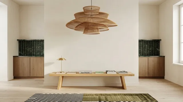 A minimalist interior featuring a light wooden bench and a striking woven pendant light, set against pale walls. The mood is calm and inviting, with earthy tones and textured elements creating a serene atmosphere.