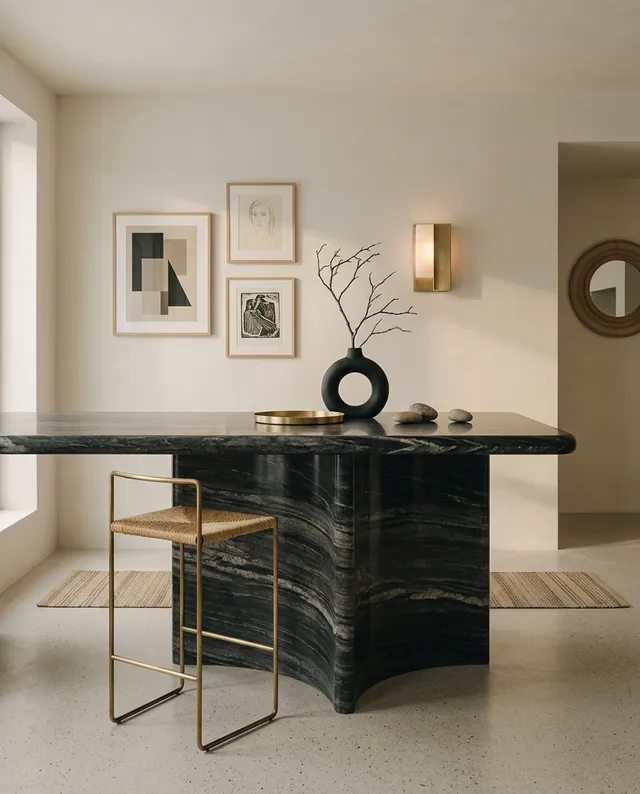 A minimalist interior featuring a sleek black marble table complemented by a modern vase and artwork on the walls. The neutral color palette exudes calm sophistication, highlighted by warm lighting and organic textures.