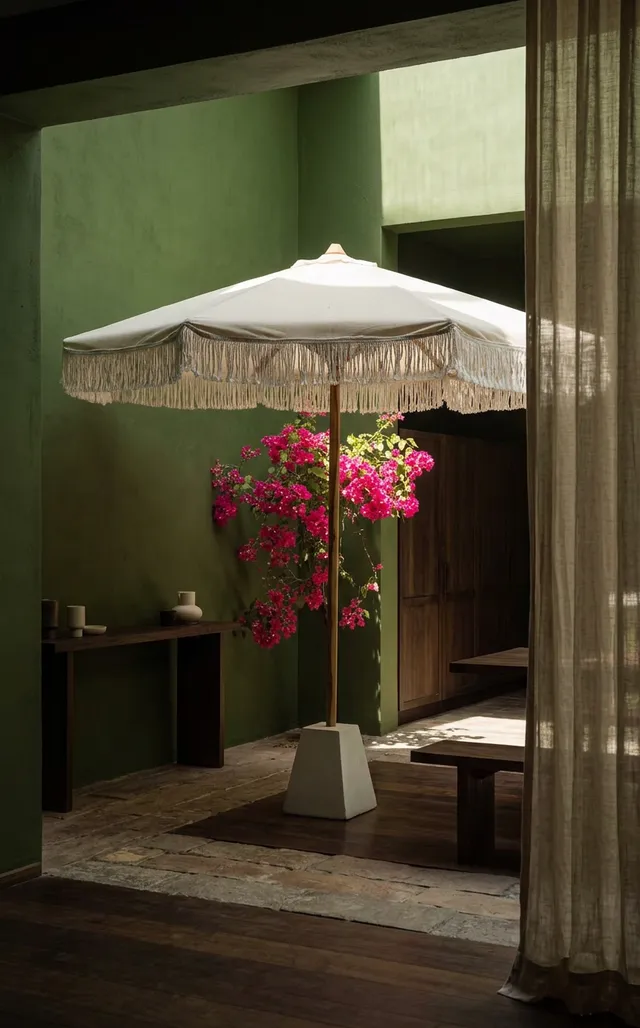 A serene interior scene featuring a white fringed umbrella shading a rustic wooden table, complemented by vibrant pink bougainvillea against a rich green wall. The mood is tranquil and inviting, enhanced by warm, natural lighting.