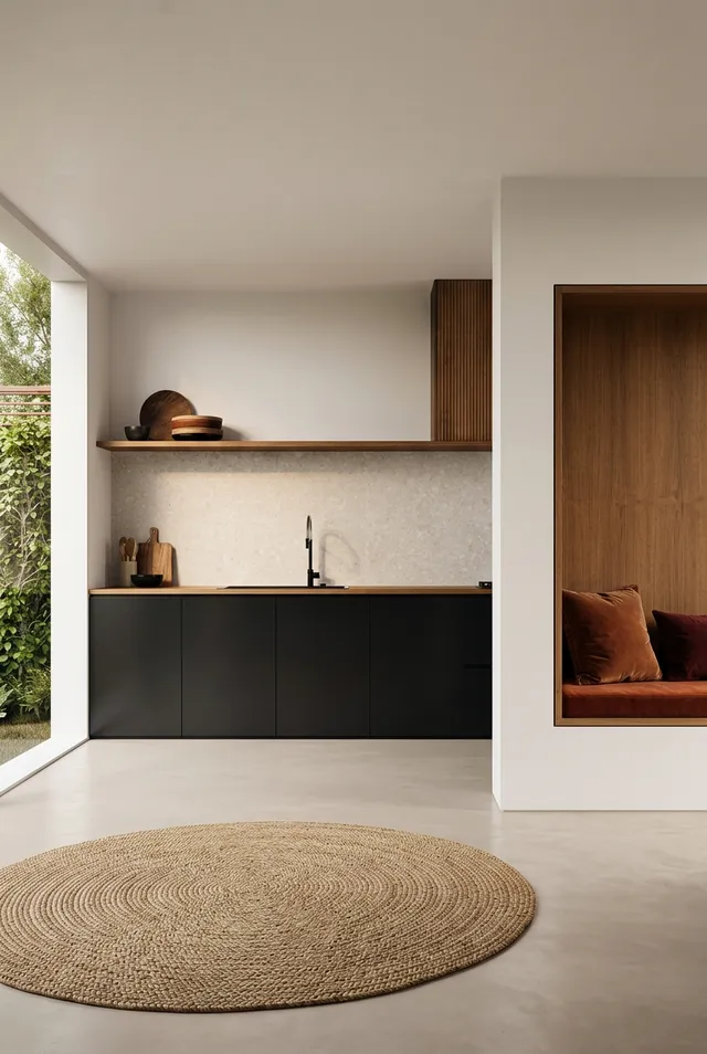 A serene modern kitchen features sleek black cabinetry and warm wooden accents, exuding a minimalist aesthetic. The soft natural light enhances the earthy tones, creating a calm and inviting atmosphere.