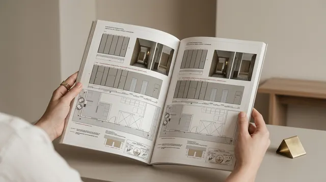 A person is holding an open architectural design magazine featuring detailed floor plans and elevations in a clean, modern style. The dominant colors are soft neutrals with highlights of gray, creating a calm and professional mood.