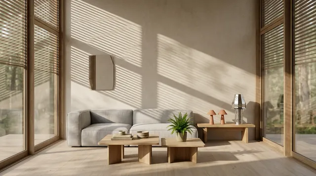 A minimalist interior scene features a light-filled living room with earthy tones and wooden furniture, complemented by potted greenery. The soft shadows create a serene and calming mood, enhanced by the warm neutral palette.