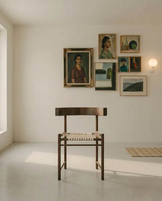 A minimalistic interior scene featuring a wooden chair in the foreground and a gallery wall of framed portraits and still lifes in soft earth tones. The mood is serene and contemplative, enhanced by warm natural light and neutral hues.