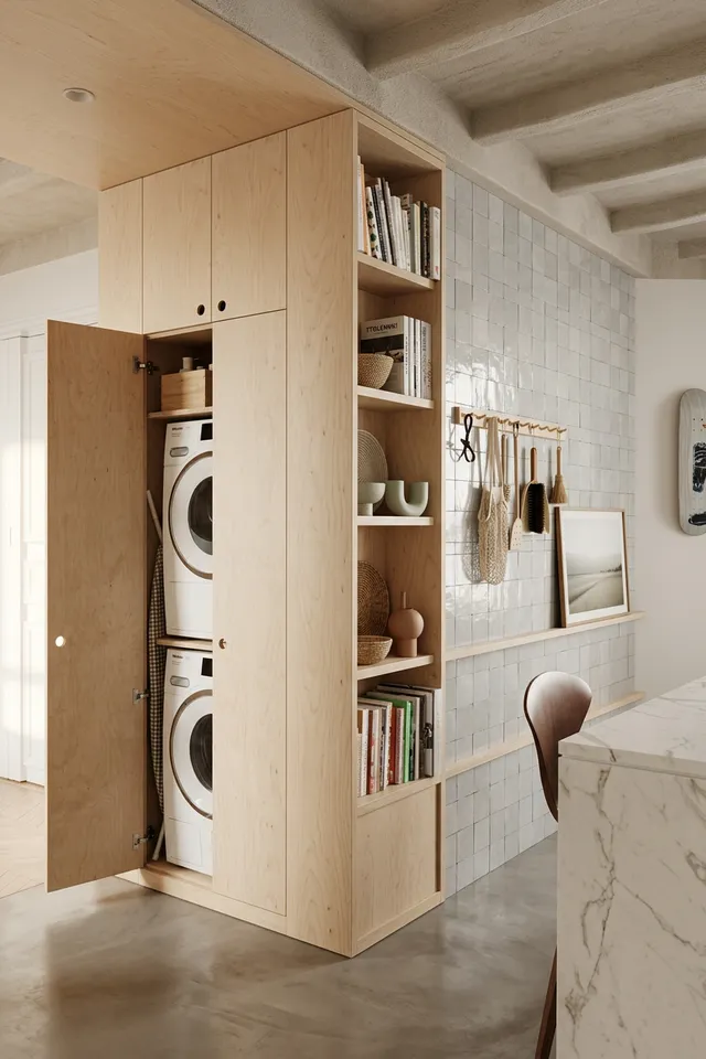 This stylish interior showcases a modern laundry closet integrated into a light wood shelving unit, featuring neatly organized books and decorative items. The room exudes a warm, minimalist vibe with neutral tones and soft textures, enhanced by natural light filtering through the space.