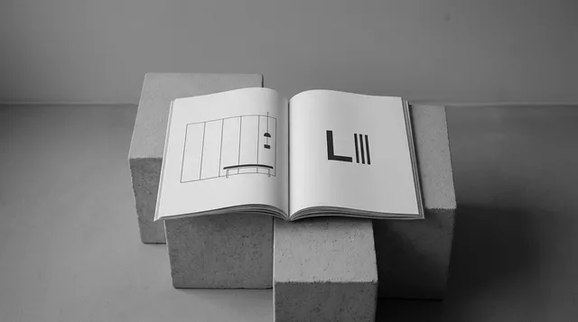 A minimalist editorial photograph features an open book displaying simple line drawings, resting atop textured concrete blocks. The monochromatic palette emphasizes a clean, modern aesthetic.