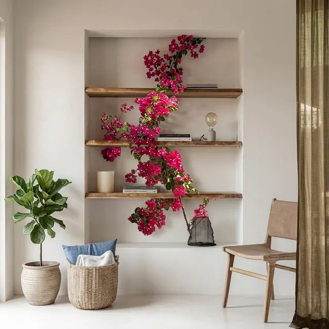 A serene interior scene features a minimalist shelving unit adorned with vibrant pink bougainvillea, highlighting a tranquil atmosphere. The dominant colors are soft neutral tones complemented by the bright floral accents, creating a warm and inviting mood.