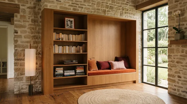 A cozy interior scene showcases a modern wooden bookshelf integrated into a stone wall, featuring neatly arranged books and warm cushions. The warm tones of wood, soft textiles, and natural light create a serene, inviting atmosphere.