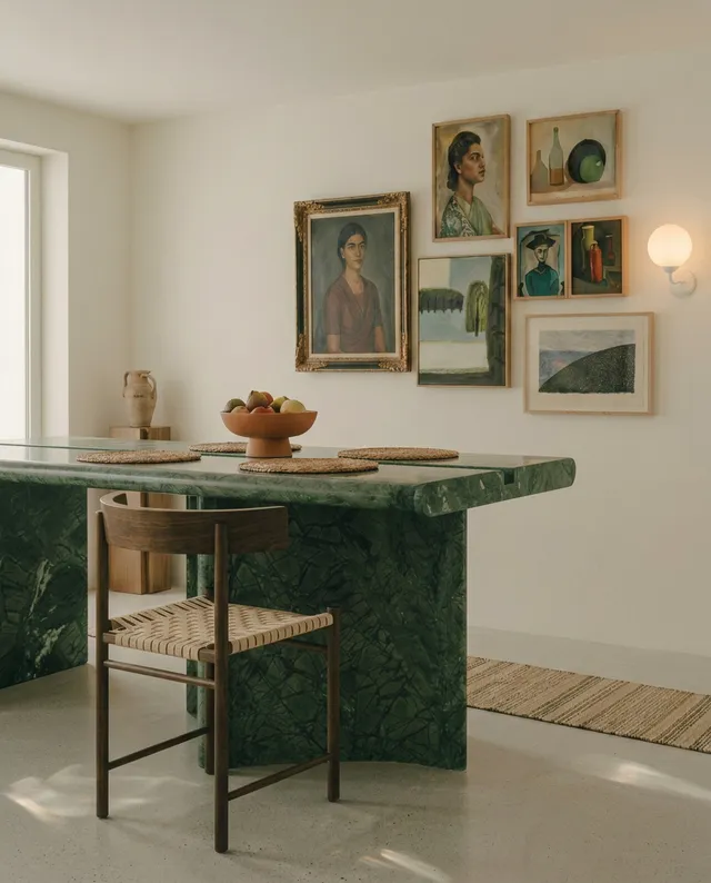 This serene interior scene features a striking green marble dining table paired with a simple wooden chair, surrounded by a curated gallery of art on the walls. The warm, inviting mood is enhanced by soft natural light and earthy tones, creating a harmonious atmosphere.