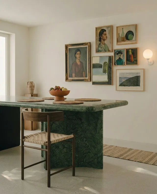A serene interior scene featuring a green marble dining table adorned with a bowl of fruit, surrounded by elegant, framed portraits and still-life paintings on the wall. The soft, neutral tones create a warm and inviting atmosphere, highlighting the artistry and craftsmanship in the space.