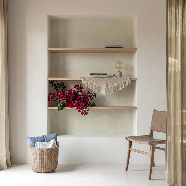 A serene interior scene features a minimalist shelving unit adorned with vibrant fuchsia flowers and a decorative fringed cloth, set against a soft, muted background. The warm, earthy tones and natural textures create a calming atmosphere, enhanced by the cozy wooden chair and woven basket.