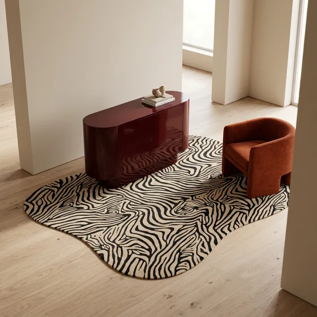 A stylish interior scene featuring a glossy red sideboard and a textured orange chair, set atop a wave-patterned black and cream rug. The warm lighting enhances a contemporary, minimalist mood with earthy tones and playful patterns.