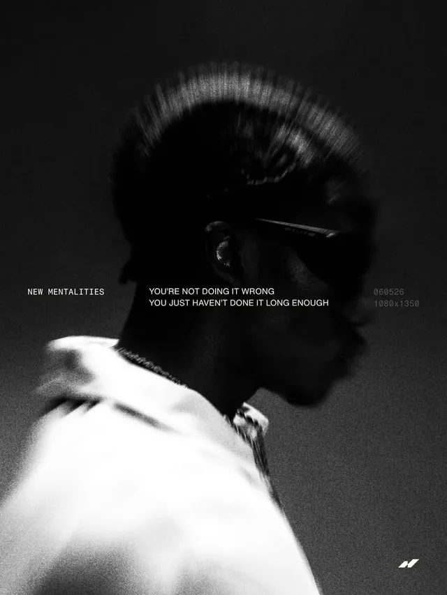 This editorial photography piece features a blurred profile of a person wearing sunglasses, conveying a sense of movement